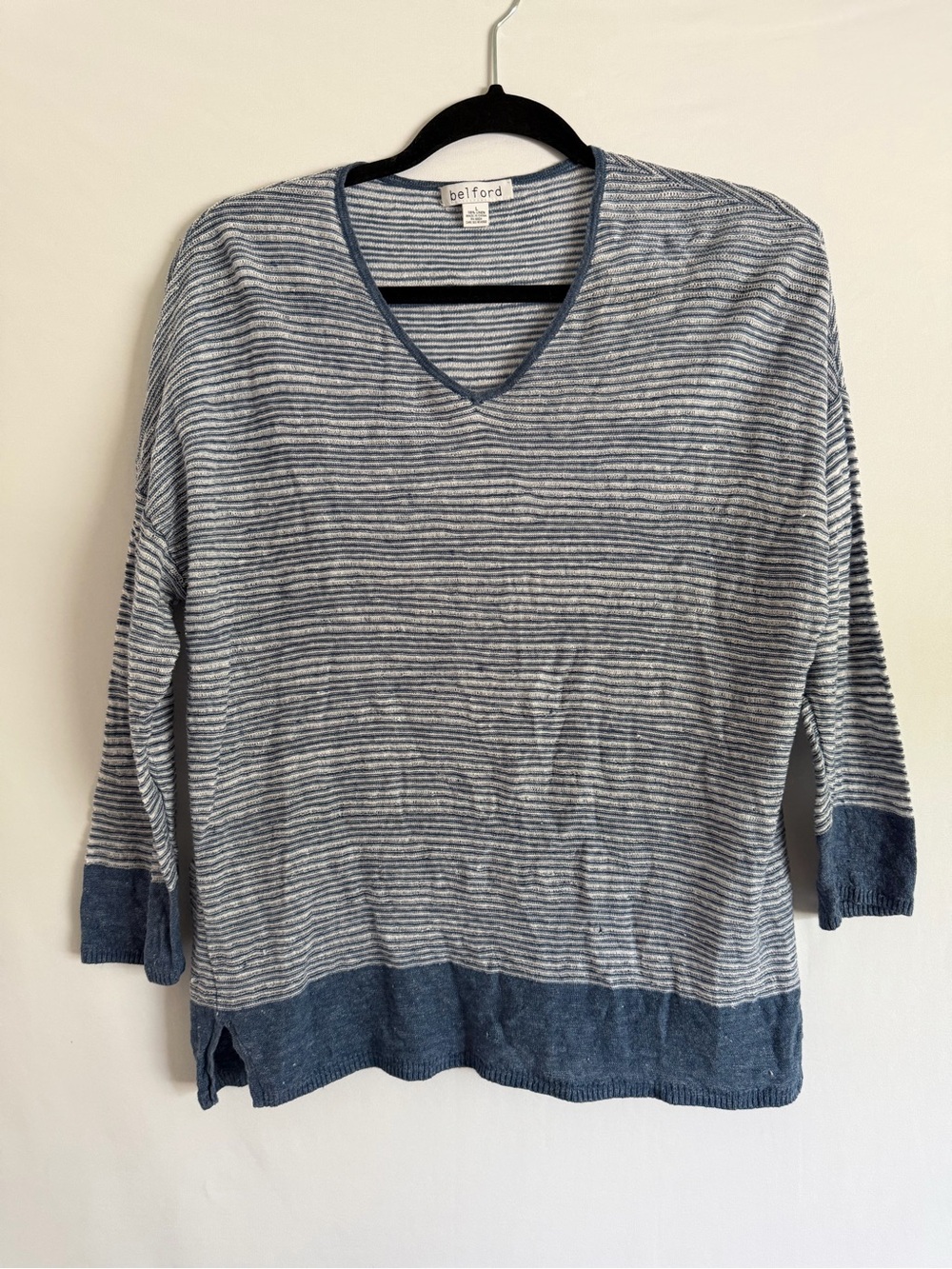Belford womens large linen blue white top blouse V neck